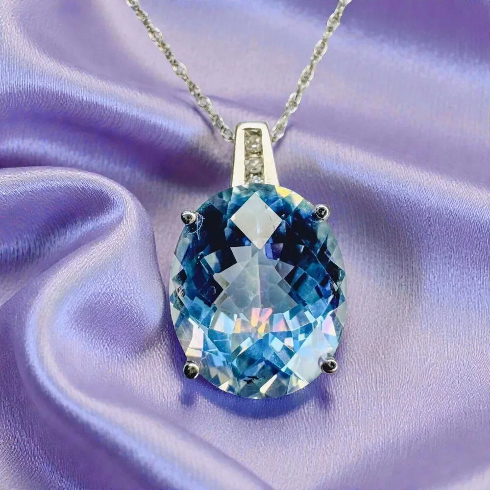 10K White Gold LARGE Mystic Topaz & Diamond Necklace -18